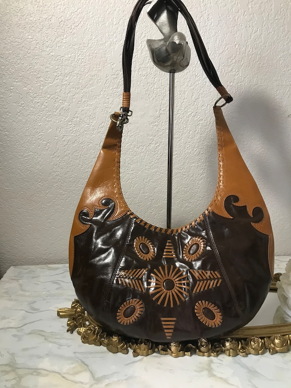 Vintage 90s Boho Style Leather Two Toned Western Look Purse 