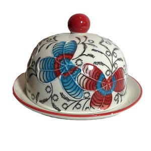 Anthropologie style Coastline Imports unique round butter dish, Ceramic black white with red and blue floral design cheese plate with cloche image 1