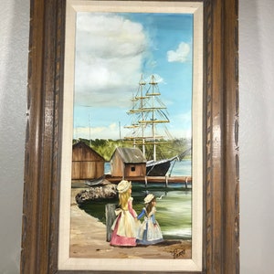 Vintage Pieratt original oil painting 20x32, Pieratt original seaside painting of two girls on a dock, Pieratt painting of girls by the sea