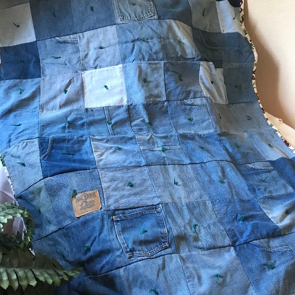 Vintage handgemachte Patchwork Denim Steppdecke Tagesdecke 59x36, Denim Jeans Decke, Bettdecke, Bettdecke aus alten recycelten Jeans