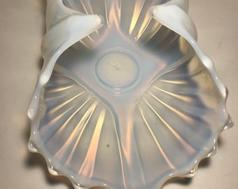 Vintage White Opalescent stretch glass wave dish, White opalescent stretch glass bowl, vintage white opalescent stretched glass candy dish