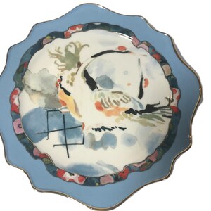 Anthropologie Betty Hatchett plate, Anthropologie blue wavy edge crane watercolor plate, Anthropologie bird crane whimsical plate image 3