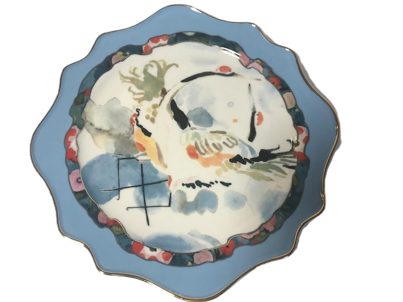 Anthropologie Betty Hatchett plate, Anthropologie blue wavy edge crane watercolor plate, Anthropologie bird crane whimsical plate image 3