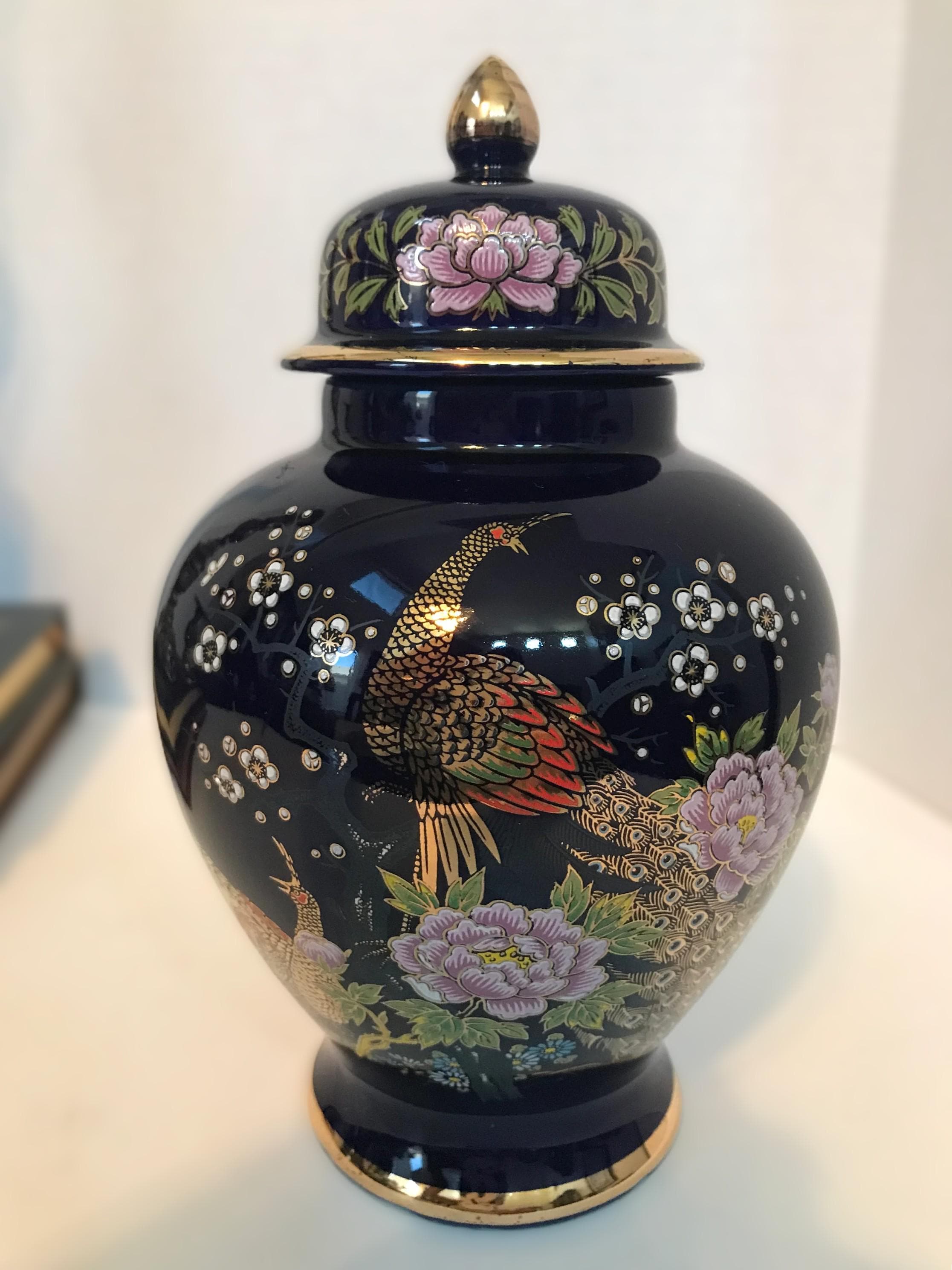 Vintage Blue Porcelain Chinoiserie Style Peacock Ginger Jar With