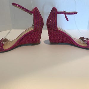Vintage Betsey Johnson pink jeweled shoes, Betsey Johnson vibrant pink wedge crystal jeweled heels shoes, Betsey Johnson pink crystal shoes