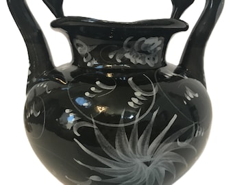 Vintage swan vase, Black small vase, Urn style double handle 6" vase, Black Swan ceramic vase with handles, hand painted swan vase
