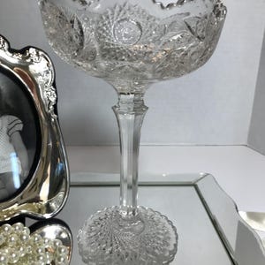 Vintage Hollywood Regency etched cut crystal pedestal bowl, scalloped edge elegant footed crystal bowl, crystal nut dish, crystal candy dish