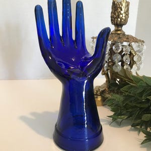 Vintage blue glass hand statue, blue hand statue, vanity decor hand figurine, hand ring holder, hand jewelry holder, hand display