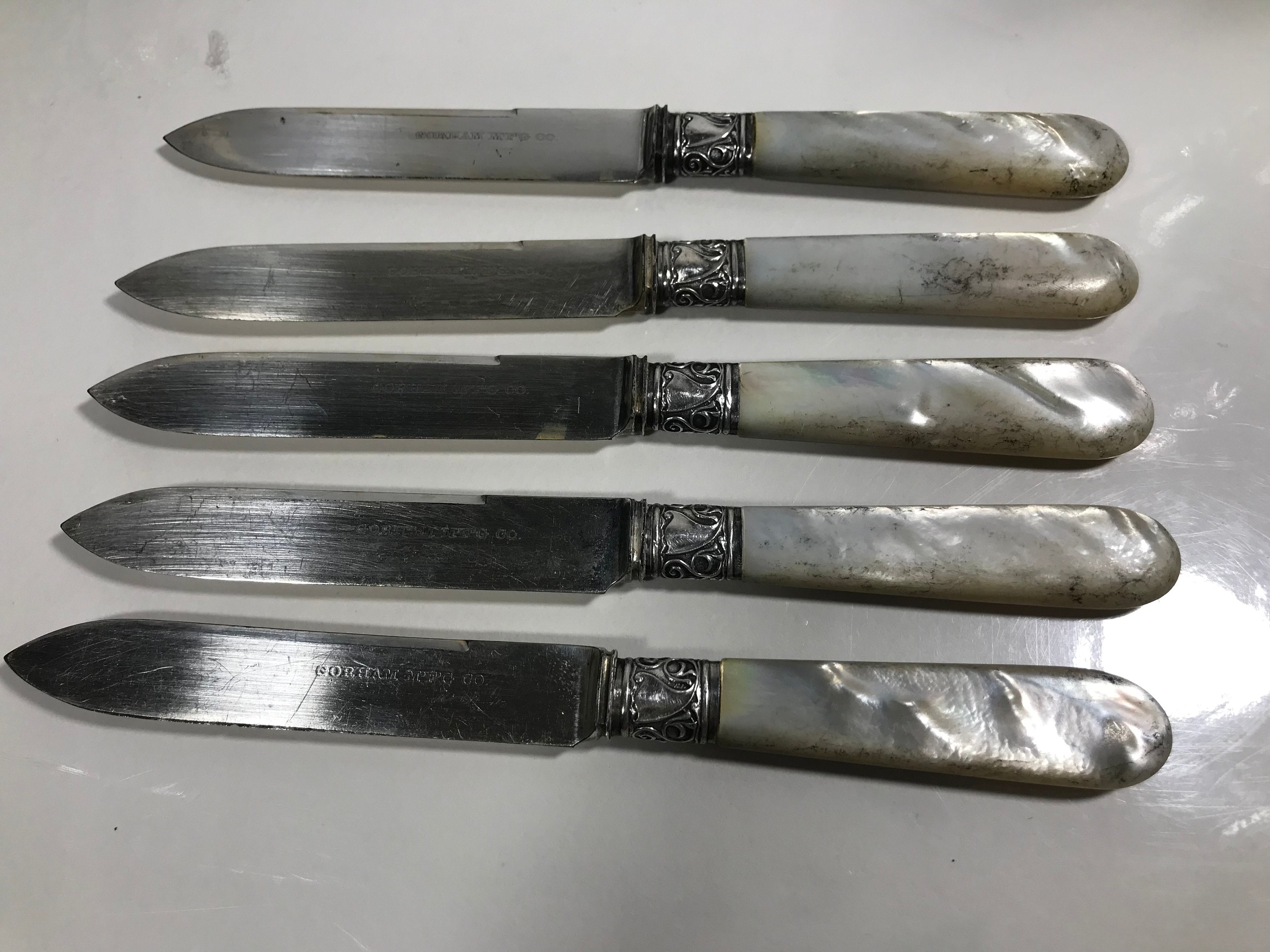 Vintage Gorham Mother of Pearl and Silver Knives, Vtg Gorham