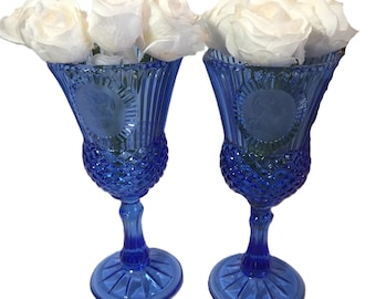 Vintage blue wine glasses, vintage George Washington blue glassware, Elegant blue cut glass George and Martha wine glasses
