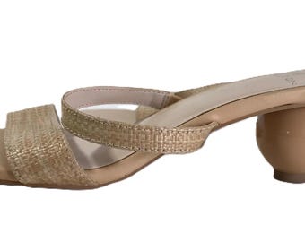 Halston tan leather and raffia novelty heel open toe shoes, Size 6US, Halston beige raffia and leather open toe sandals with round ball heel