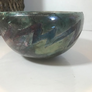 Vintage signed raku art pottery bowl, vintage opalescent glaze raku pottery bowl with abstract design, signed, vintage raku pottery bowl