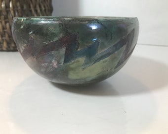 Vintage signed raku art pottery bowl, vintage opalescent glaze raku pottery bowl with abstract design, signed, vintage raku pottery bowl