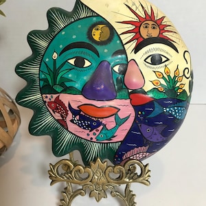 Art populaire mexicain vintage, poterie peinte à la main, art mural soleil, poterie en terre cuite colorée du Mexique vintage peinte à la main, poterie d&#39;art