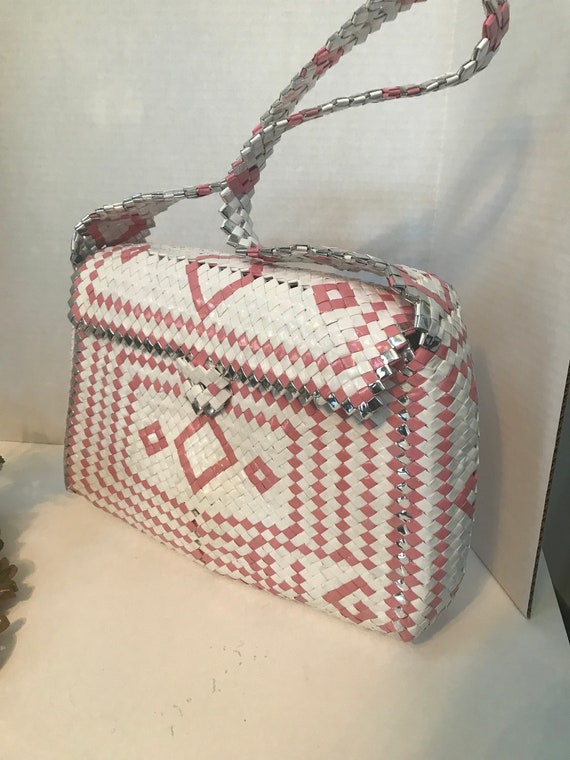 Vintage pink and white plastic woven purse, Vinta… - image 2