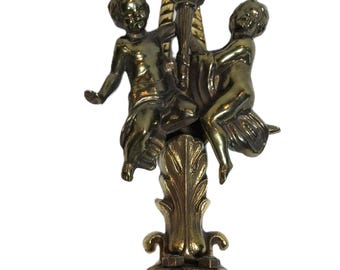 Vintage Hollywood Regency Victorian style wall decor, Hollywood Regency cherub brass metal wall hanging, Romantic gold cherub wall decor