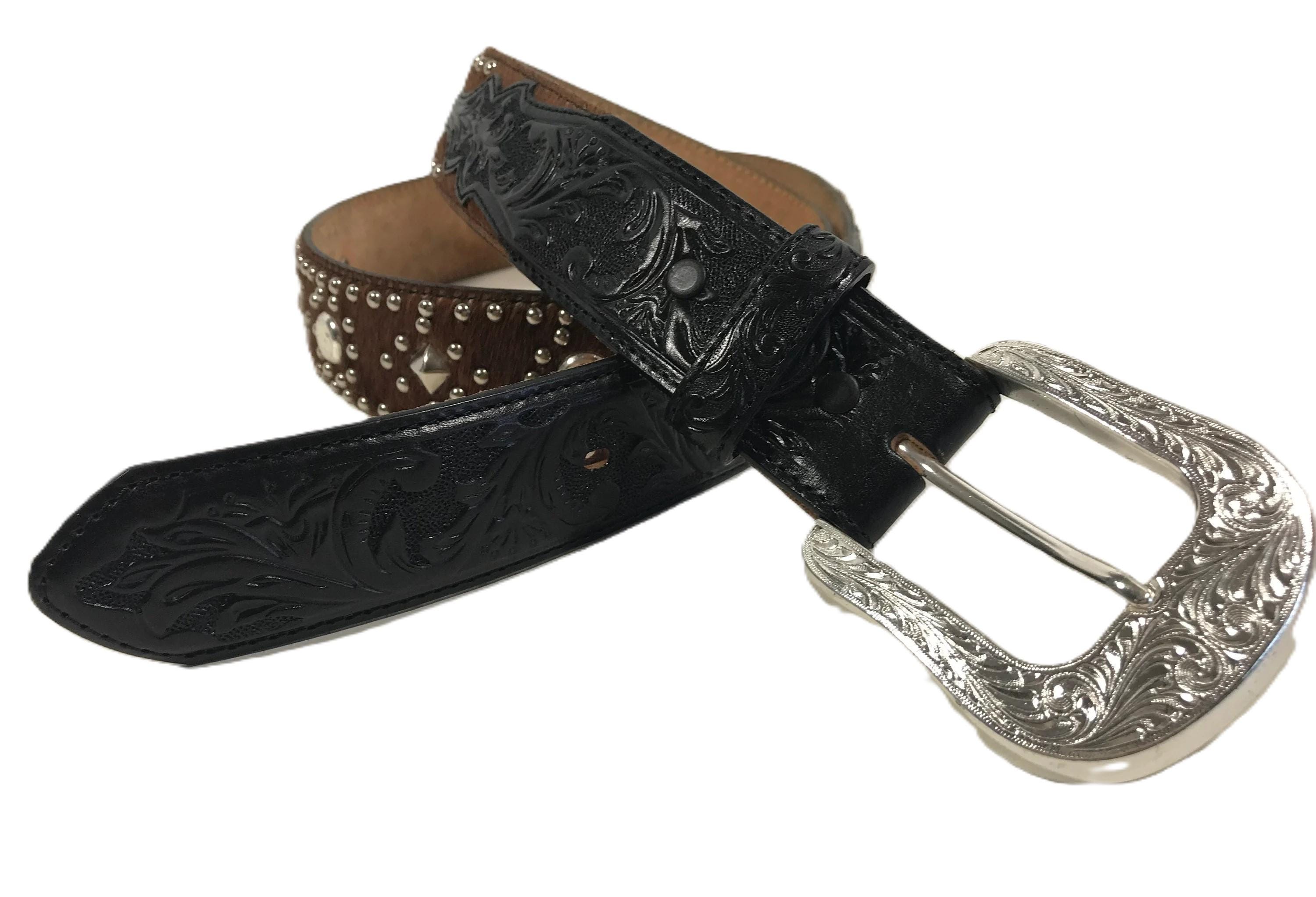 Vintage Tooled Leather and Cow Hair Tony Lama Western Belt 