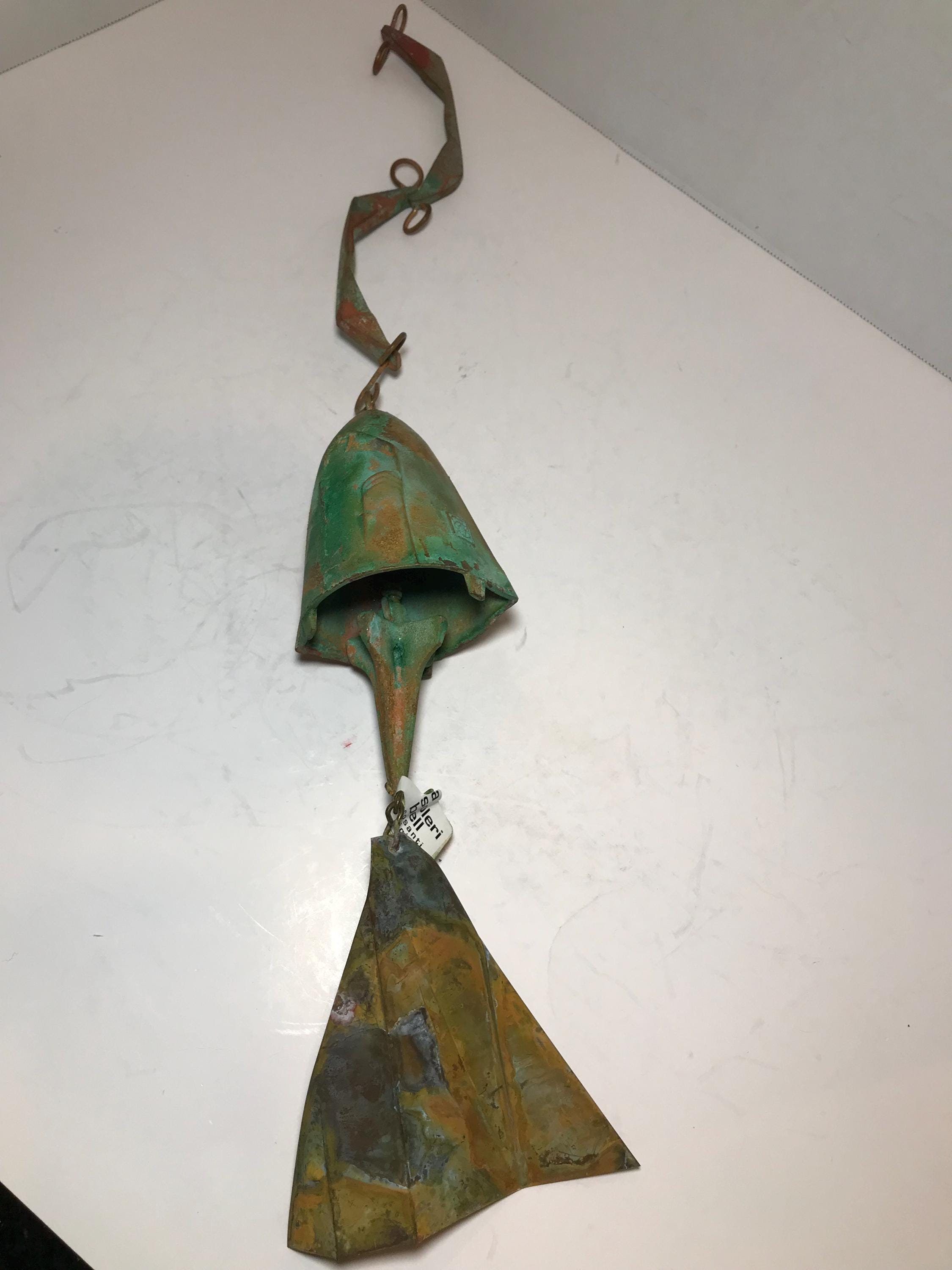 Vintage Mid Century Paolo Soleri Brutalist bronze wind chime sculpture, Soleri postmodern 24" hanging windchime sculpture with original tag