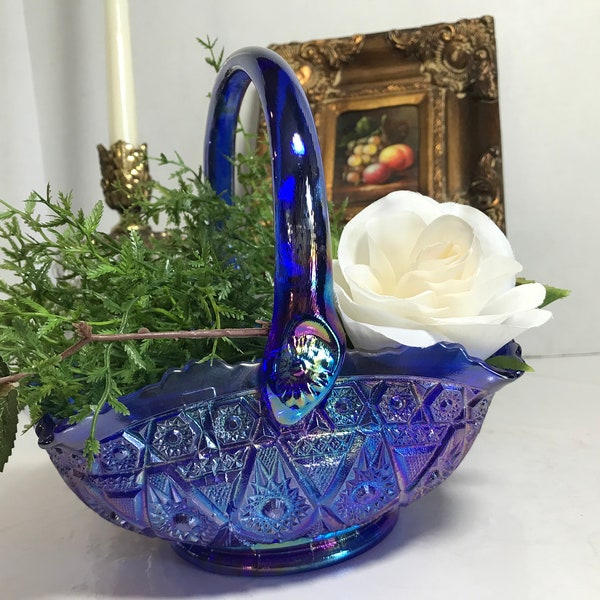 Vintage Carnival Glass blue basket bowl, Vintage blue purple carnival glass handled pressed glass bowl, scalloped edge carnival glass basket