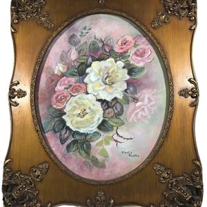 Vintage Gloria Curtis floral still life in ornate carved wood frame 22x26 signed original oil painting on canvas, original floral painting image 2
