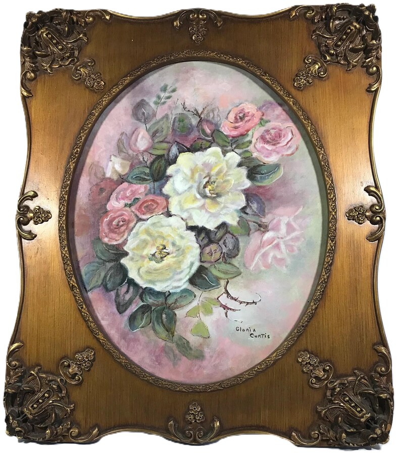 Vintage Gloria Curtis floral still life in ornate carved wood frame 22x26 signed original oil painting on canvas, original floral painting image 2