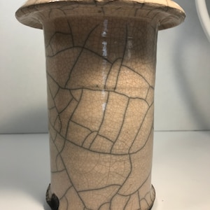 Vintage unique Douglas Taylor Jr raku pottery vase, signed, Douglas Taylor Jr unique cracked look finish Raku pottery cylinder shaped vase