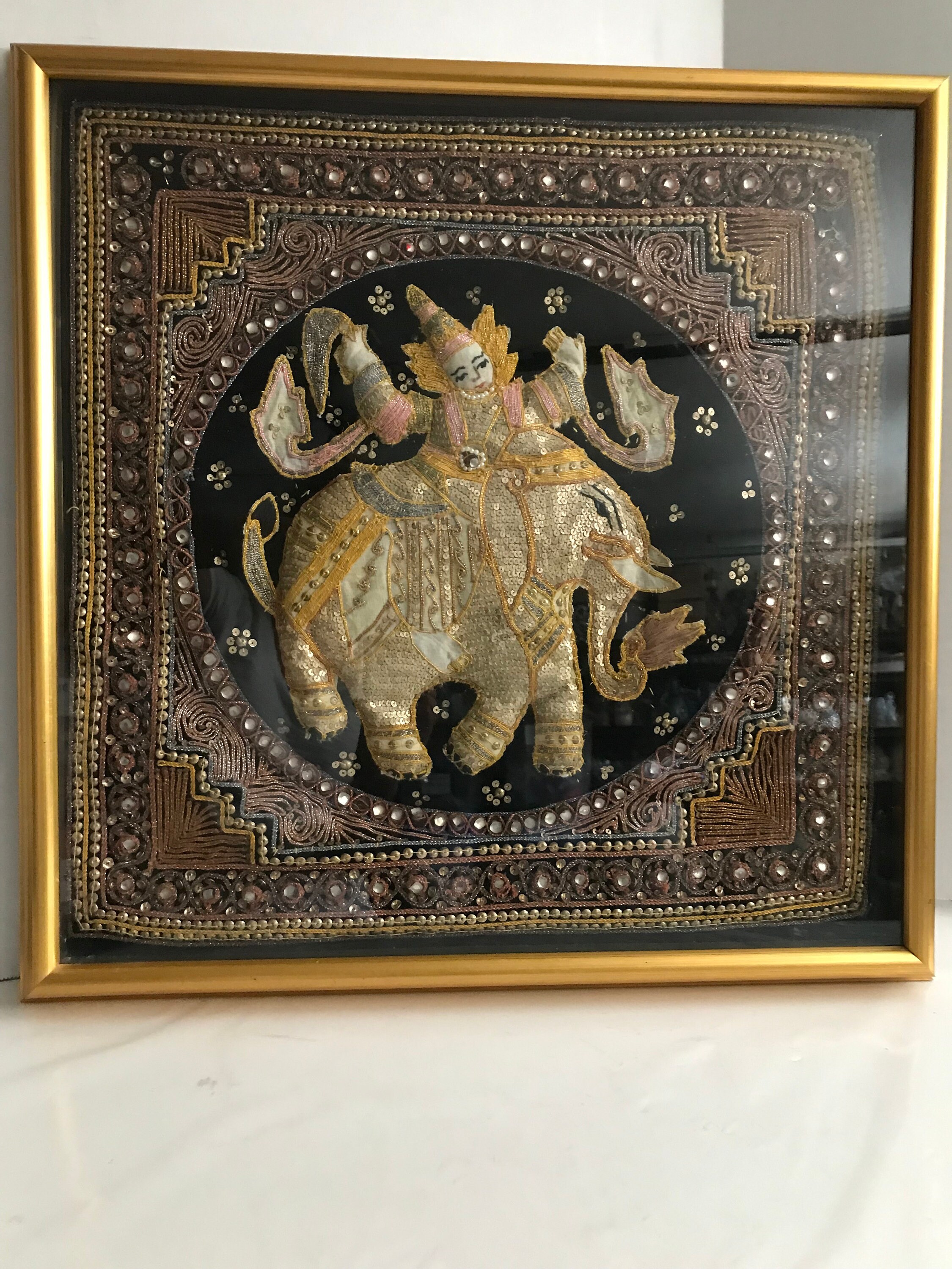 Burmese vintage Kalaga embroidered tapestry wall art, Vintage