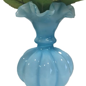 Vintage blue 6" art glass vase with ruffled edge top rim.