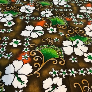 Vintage GVH tropical fabric, Vintage Hawaiian bark cloth style fabric, vibrant brown, green and white Hawaiian tropical cotton fabric 45x80&quot;