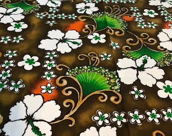 Vintage GVH tropical fabric, Vintage Hawaiian bark cloth style fabric, vibrant brown, green and white Hawaiian tropical cotton fabric 45x80"