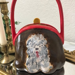 Vintage ceramic purse planter, Vintage hand painted dog ceramic planter, red ceramic vintage planter, hand painted signed ceramic planter