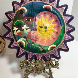 Art populaire mexicain vintage, poterie peinte à la main, art mural soleil, poterie en terre cuite colorée du Mexique vintage peinte à la main, poterie d&#39;art
