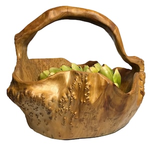 Vintage hand carved Burl wood large basket bowl, Vintage organic shaped Burl wood decorative console bowl, Hand carved wood centerpiece bowl