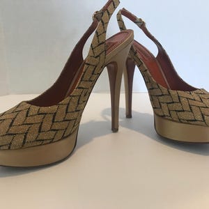 Vintage Missoni platform shoes, size 38 (7.5 US), Missoni gold black woven pattern stiletto platform slingback shoes, Missoni vintage shoes