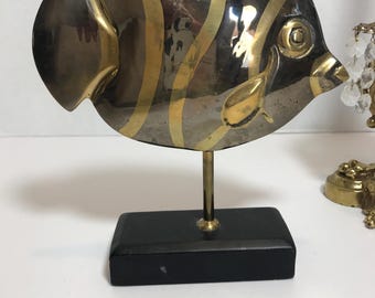 Vintage Brass and Silver Fish Sculpture, Vtg Silver Metal and