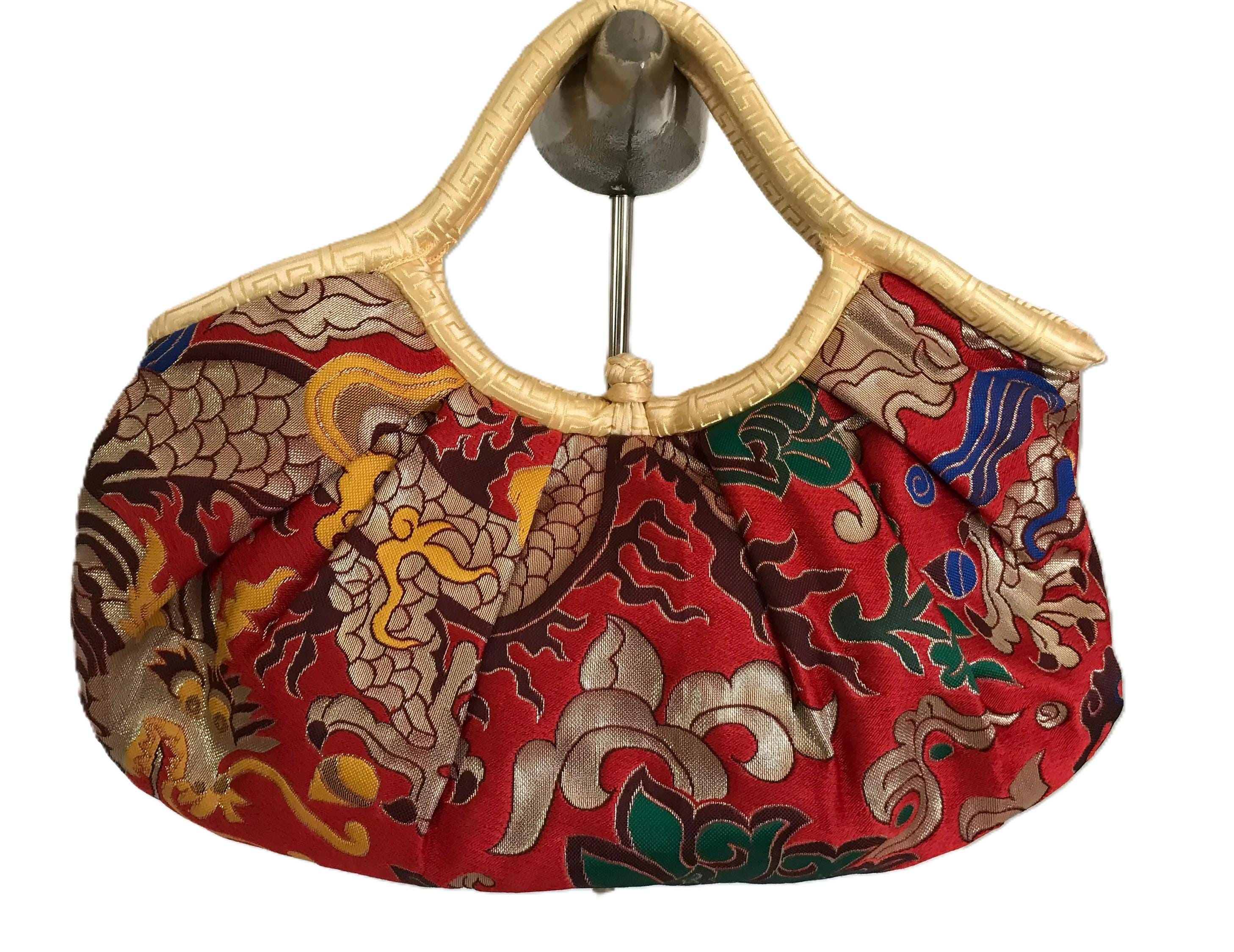 Vintage Silk and Satin Red Asian Handbag Purse, Vintage Handmade 