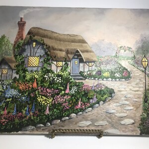Vintage original signed by the artist painting English Country Cottage on Cobblestone Road, Vintage original oil painting, signed