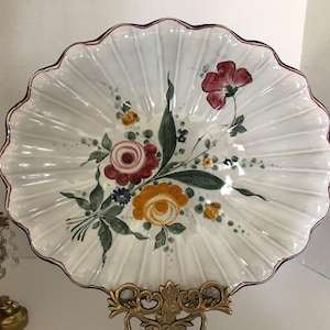 Vintage scalloped edge Italian ceramic 12.5&quot; platter, Vintage large ceramic scalloped plate with floral design, Italian ceramic platter