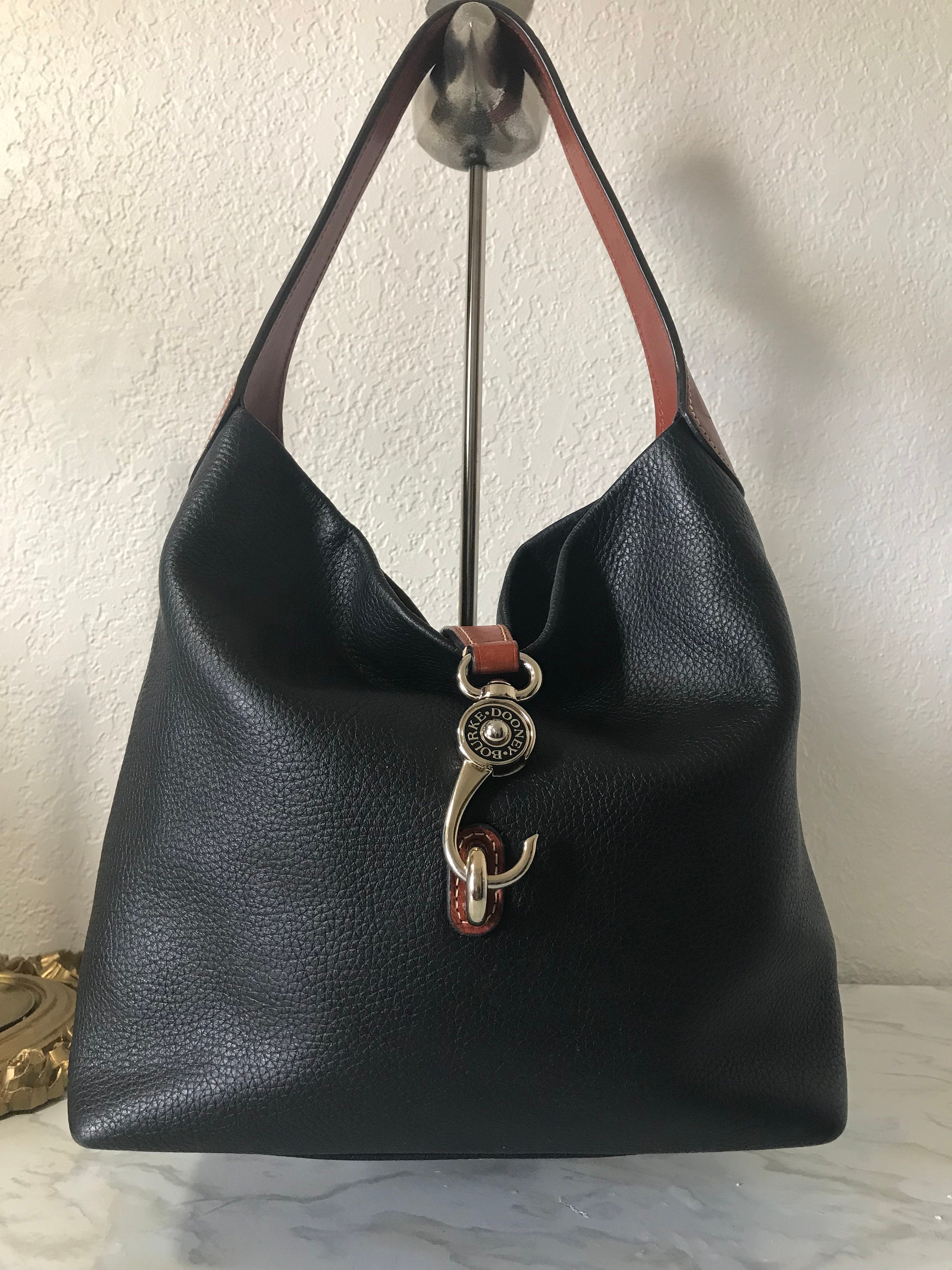 Dooney and Bourke Black Pebbled and Natural Leather Handbag Purse Tote, Dooney and Bourke Leather Handbag Purse Tote Bag, Dooney & Bourke