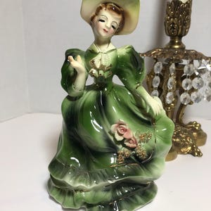 Vintage lady in green ruffle dress statue, vtg romantic lady with hat porcelain figurine, ceramic vintage woman figurine, Bookshelf decor