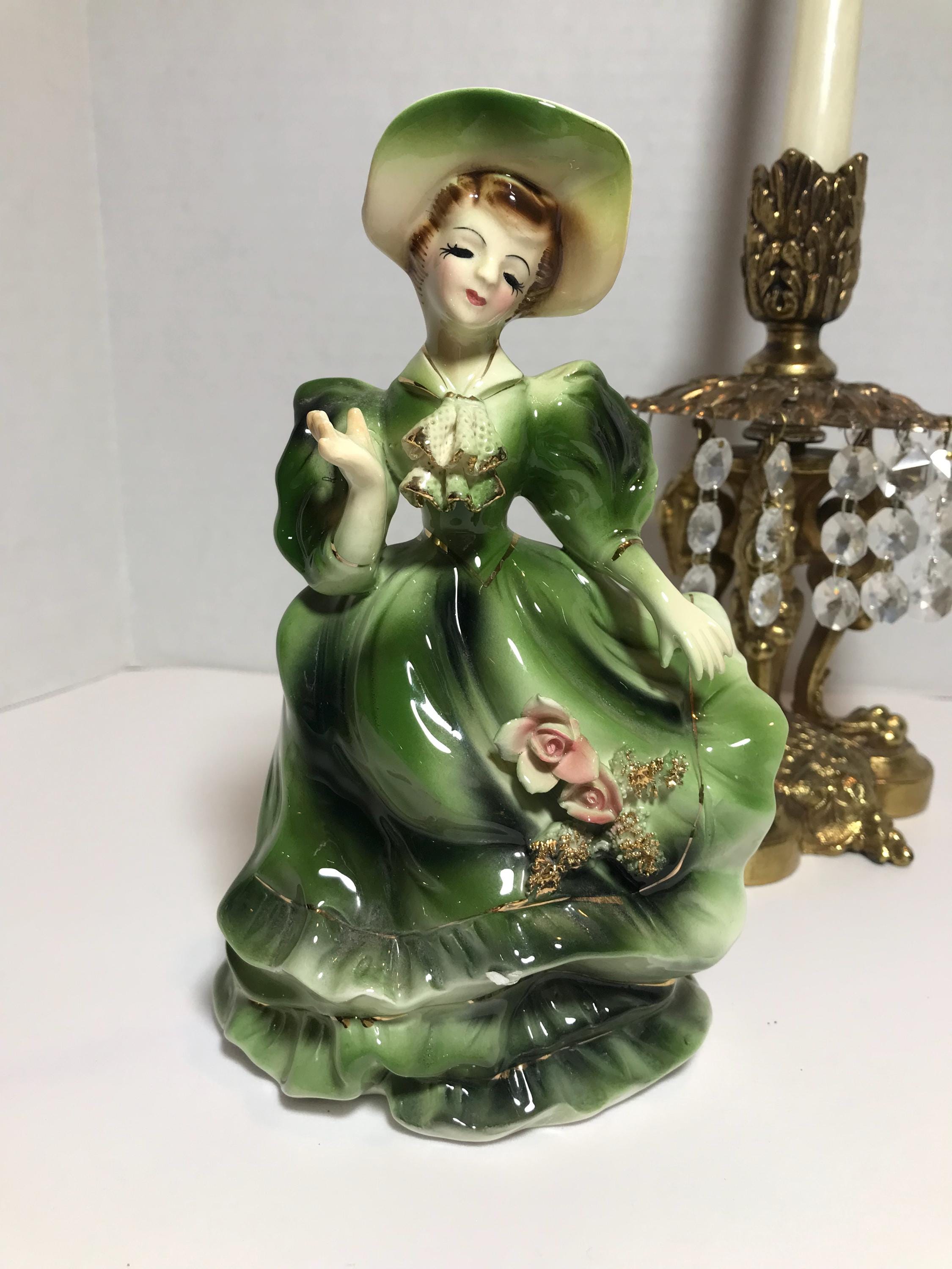 Vintage Lady in Green Ruffle Dress Statue, Vtg Romantic Lady With