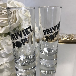 Priviet clear shot glasses with black branded lettering, heavy bottom, 2oz, set of 2 vintage shot glasses