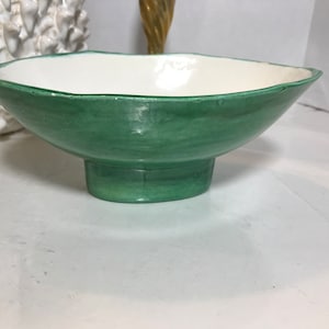 Vintage 1940s Roseville green bowl, Vintage Roseville art pottery green and white planter bowl, Vintage Roseville green footed planter bowl