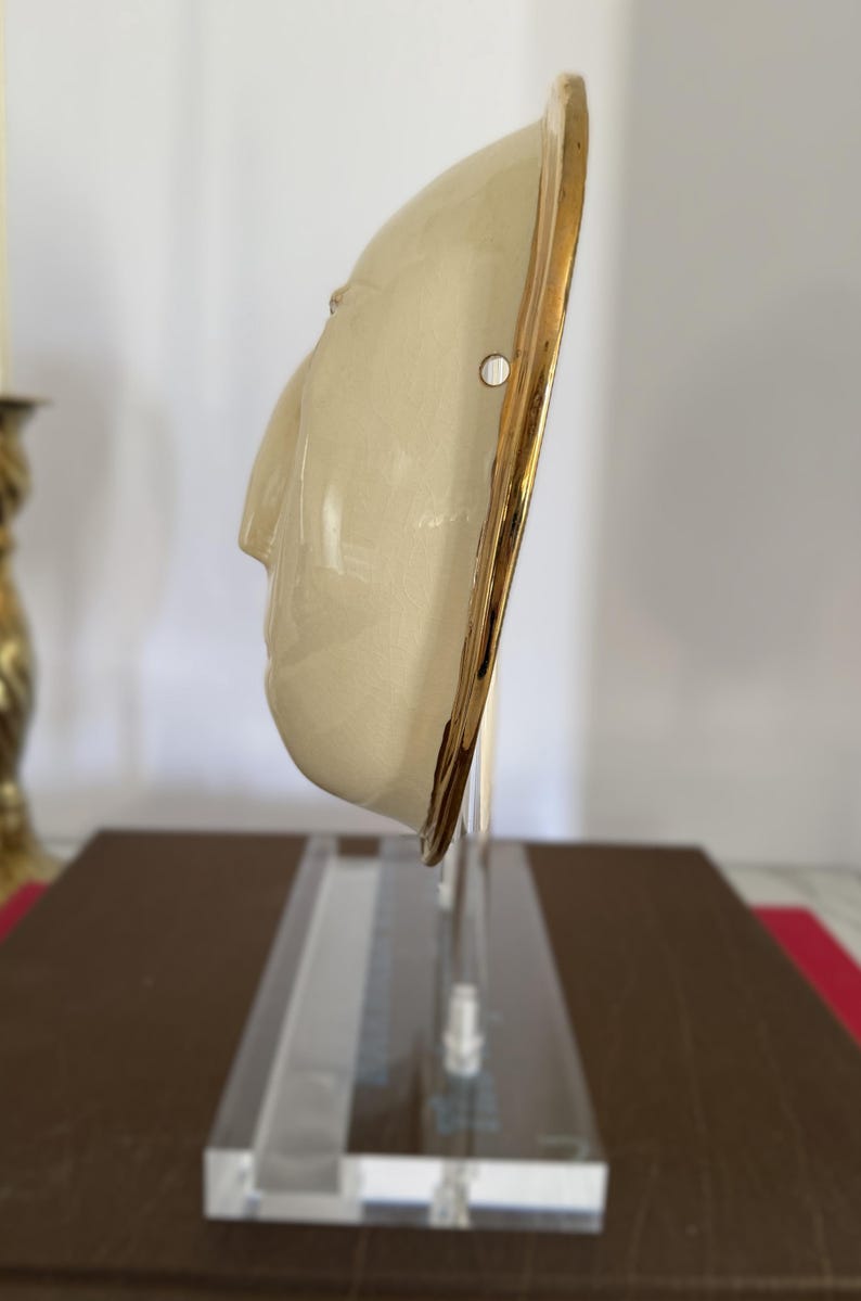 Vintage Signed Ceramic Wall Mask, Ivory Studio Pottery Face Sculpture, Modern 3D Wall Art, Bronze Trim Gallery Wall Decor image 8