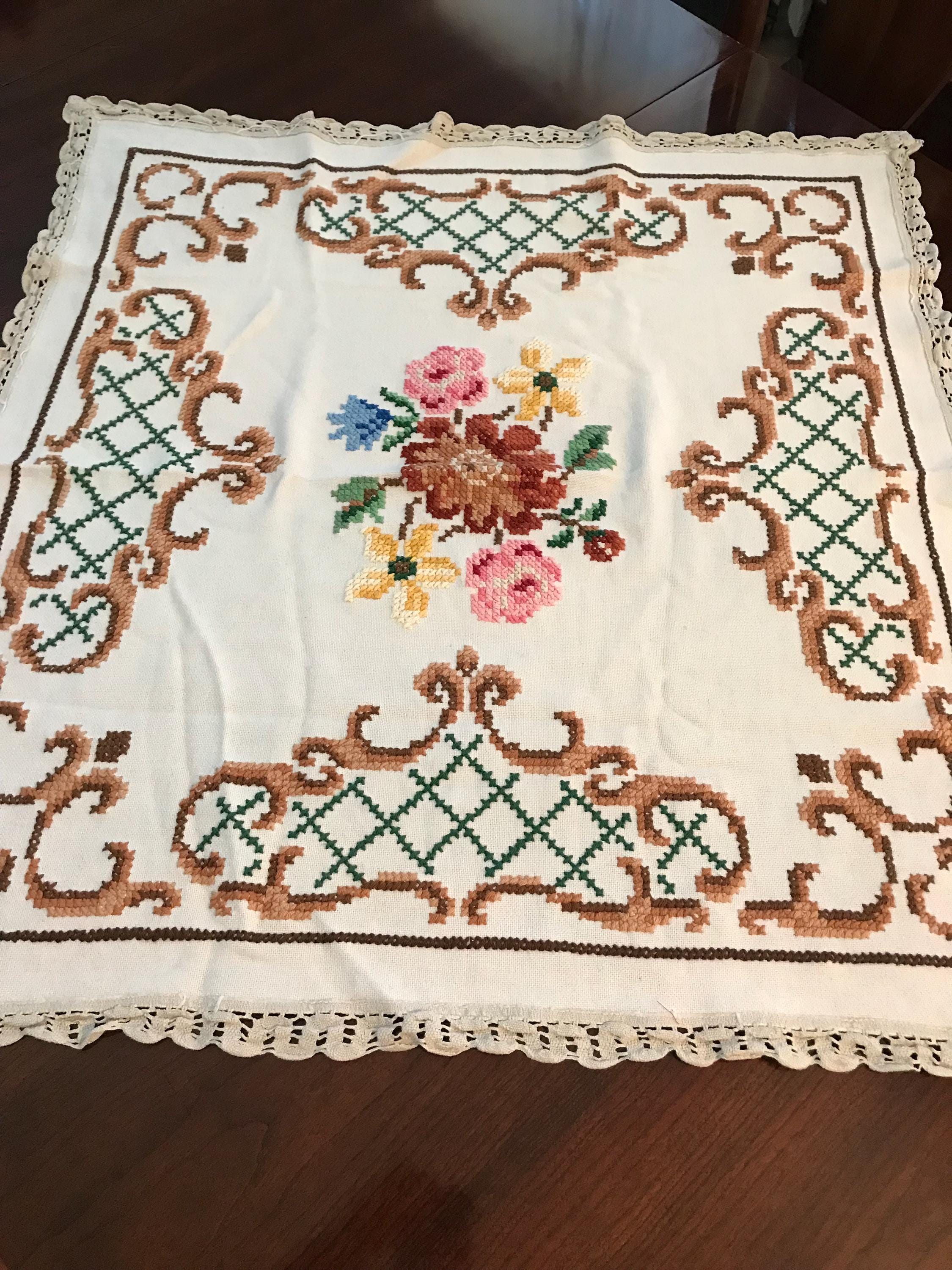 ヴィンテージホワイト刺繍クロスステッチハンドメイドテーブルクロス