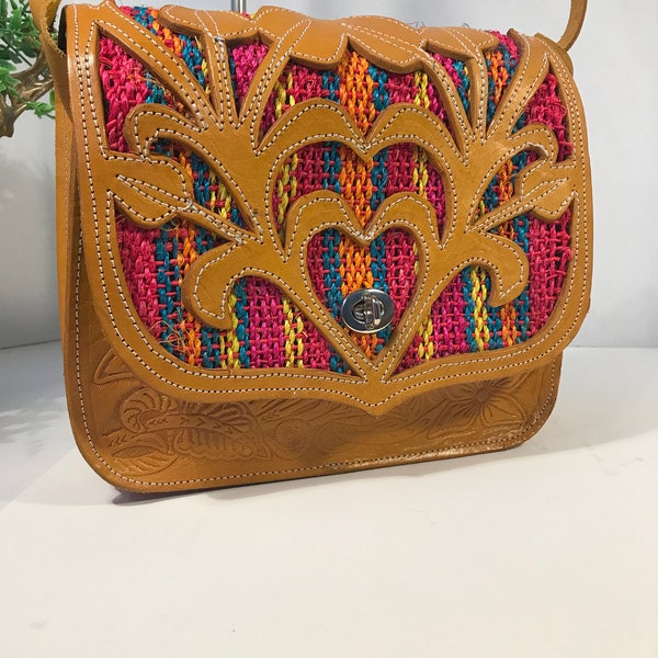 Vintage tooled leather handbag purse, Vintage Mexico tooled leather bag with colorful woven front detail, Natural leather Mexico made purse