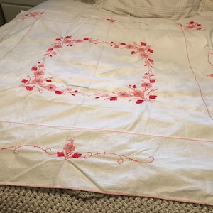 Vintage white cotton embroidered tablecloth 50x50&quot;, Vintage embroidered pink and red embroidered tablecloth with embroidered hem detail