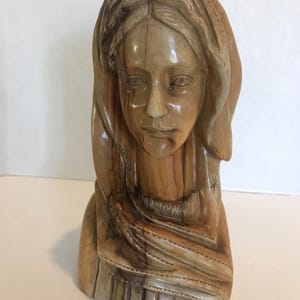 Vintage wood carved bust of Mary 8.5&quot;, Vintage wooden Mary sculpture, Vintage carved wood Madonna statue, Vintage religious statue sculpture