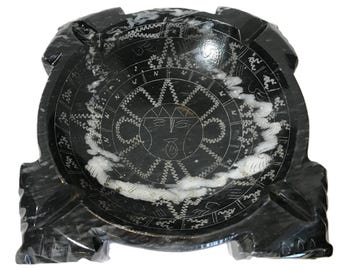 Plato grande vintage de ónix negro veteado para joyas, plato vintage multiusos de piedra tallada a mano en blanco y negro, cenicero único de piedra negra de estilo étnico
