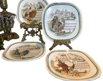 Vintage square toile style plate set with French Opera scenes and music, Vintage small square PV marked French design decorative wall plates
